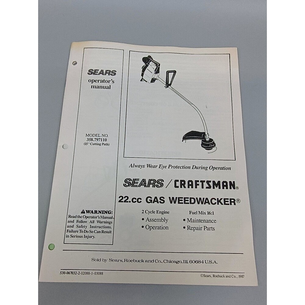 SEARS CRAFTSMAN Manual 22cc GAS WEEDWACKER 1987 Illustrated Paperback 358.797110